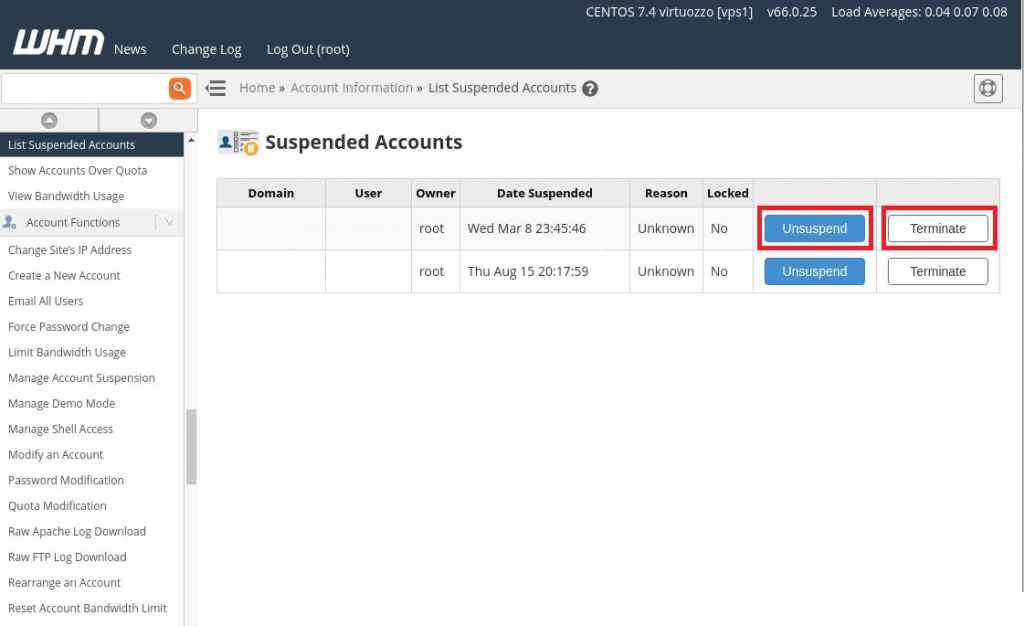 Managing Suspended Accounts in WHM 3 Manage suspended accounts