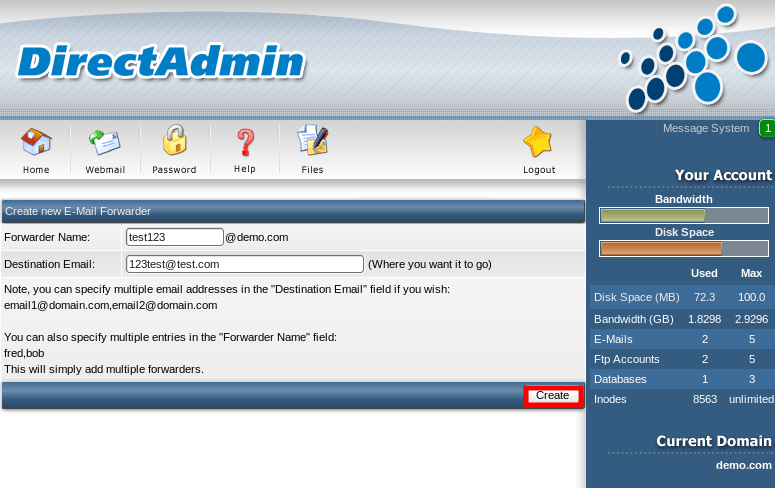 Manage Email Accounts in DirectAdmin 8 imagebb8