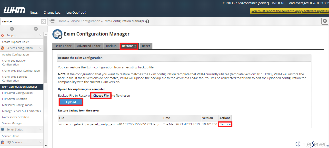 Restore Exim Configuration 5 Restore Exim conf