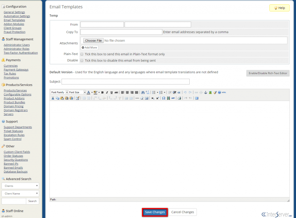 Manage Email Templates in WHMCS 3 Email Templates