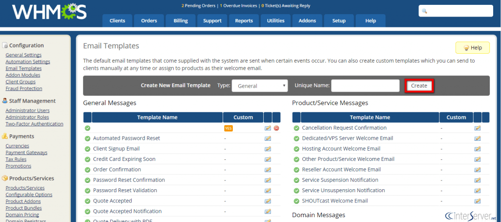 Manage Email Templates in WHMCS 2 Email Templates
