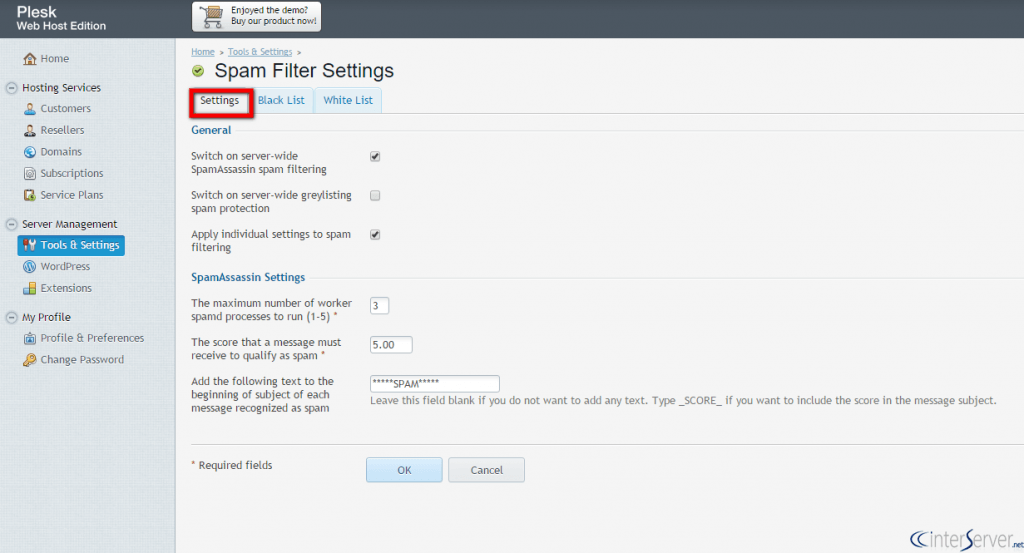 Spam Filter Settings in Plesk 3 Spam Filter Settings in Plesk