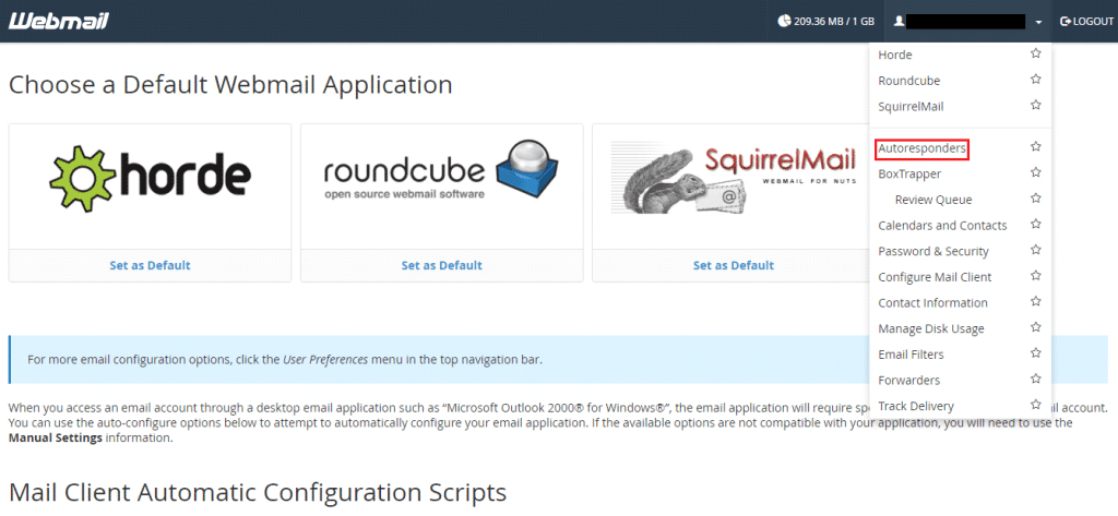 Setup Autoresponder in cPanel webmail 1 Set Up Email Responder in cPanel webmail