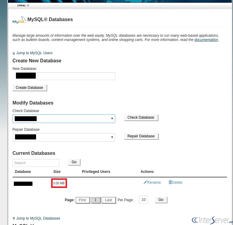 The size of MySQL databases is displayed as 0MB in cPanel 1 0mb